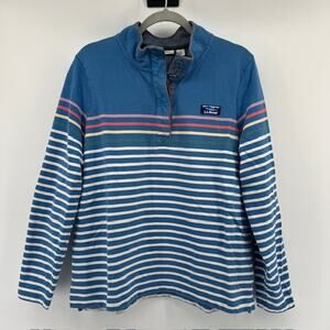 LL Bean Striped Henley Rugby Shirt Womens XL 1/4 Button Pullover Blue Preppy